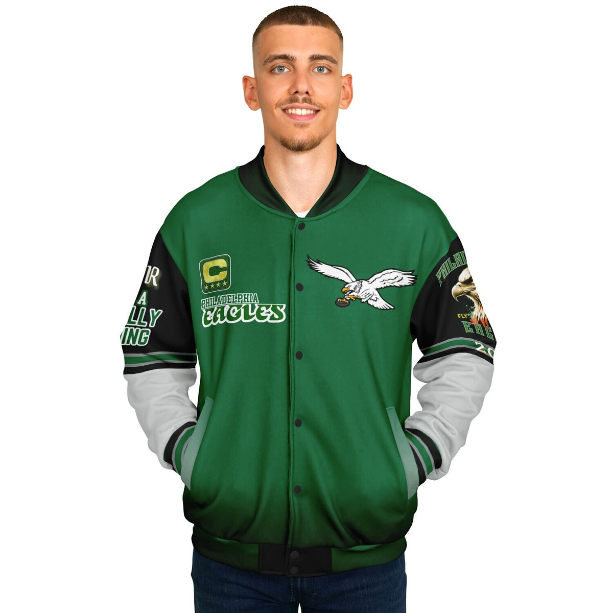 Eagles Super Bowl Edition Kelly Green White Eagle Helmet Varsity Jacket