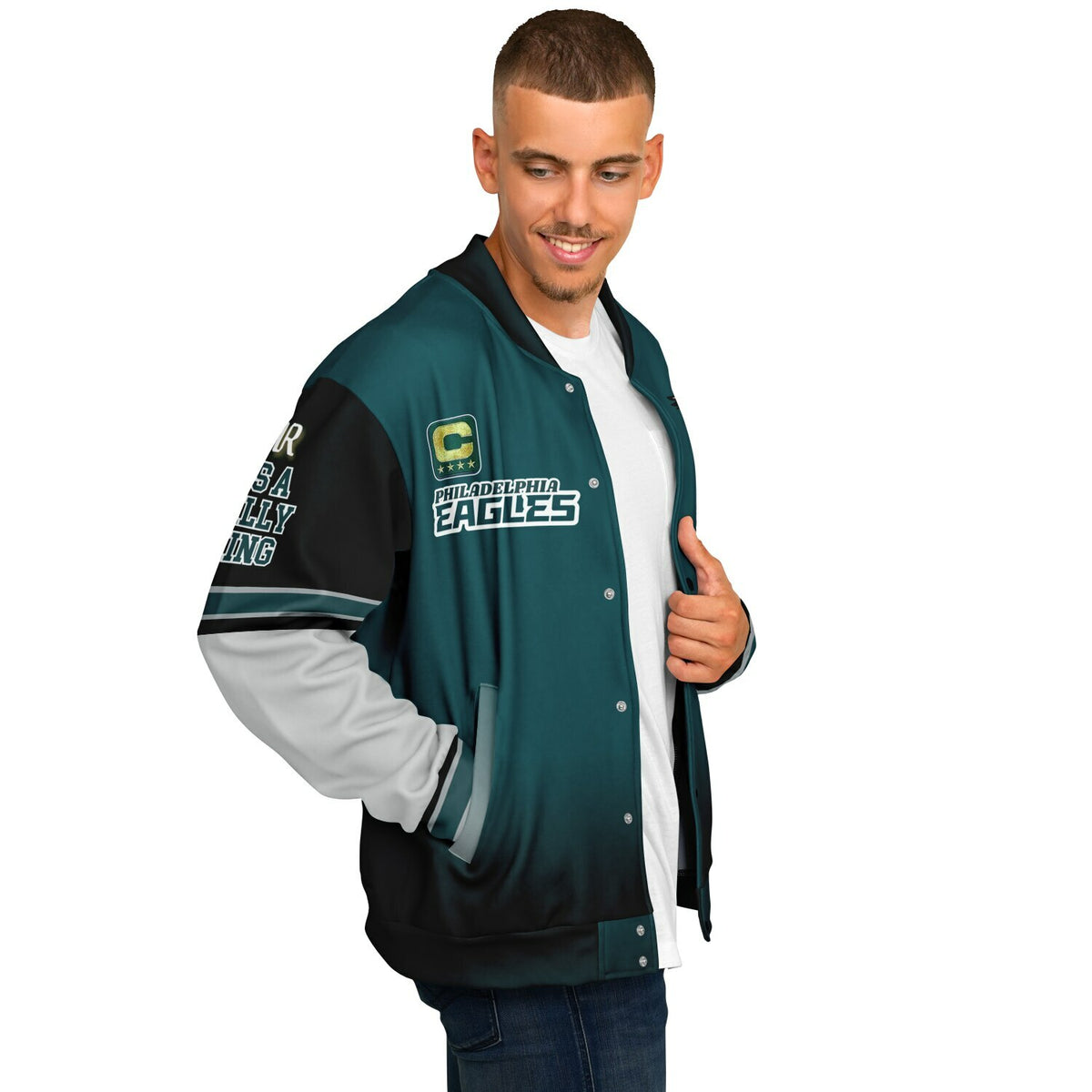 Eagles Super Bowl Edition Midnight Green White Eagle Helmet Varsity Jacket