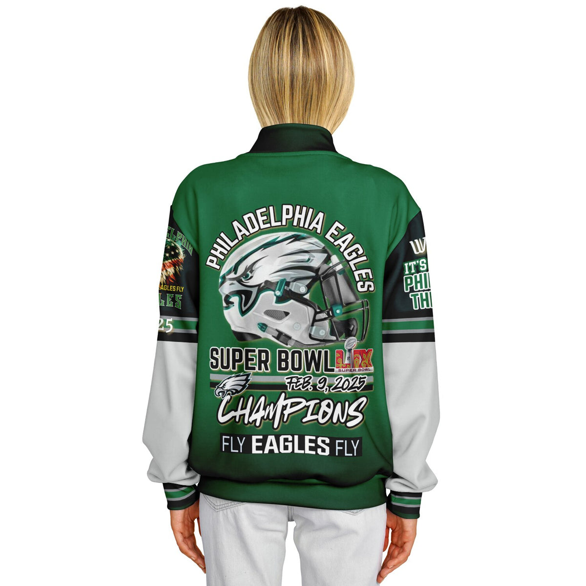 Eagles Super Bowl Edition Kelly Green White Eagle Helmet Varsity Jacket