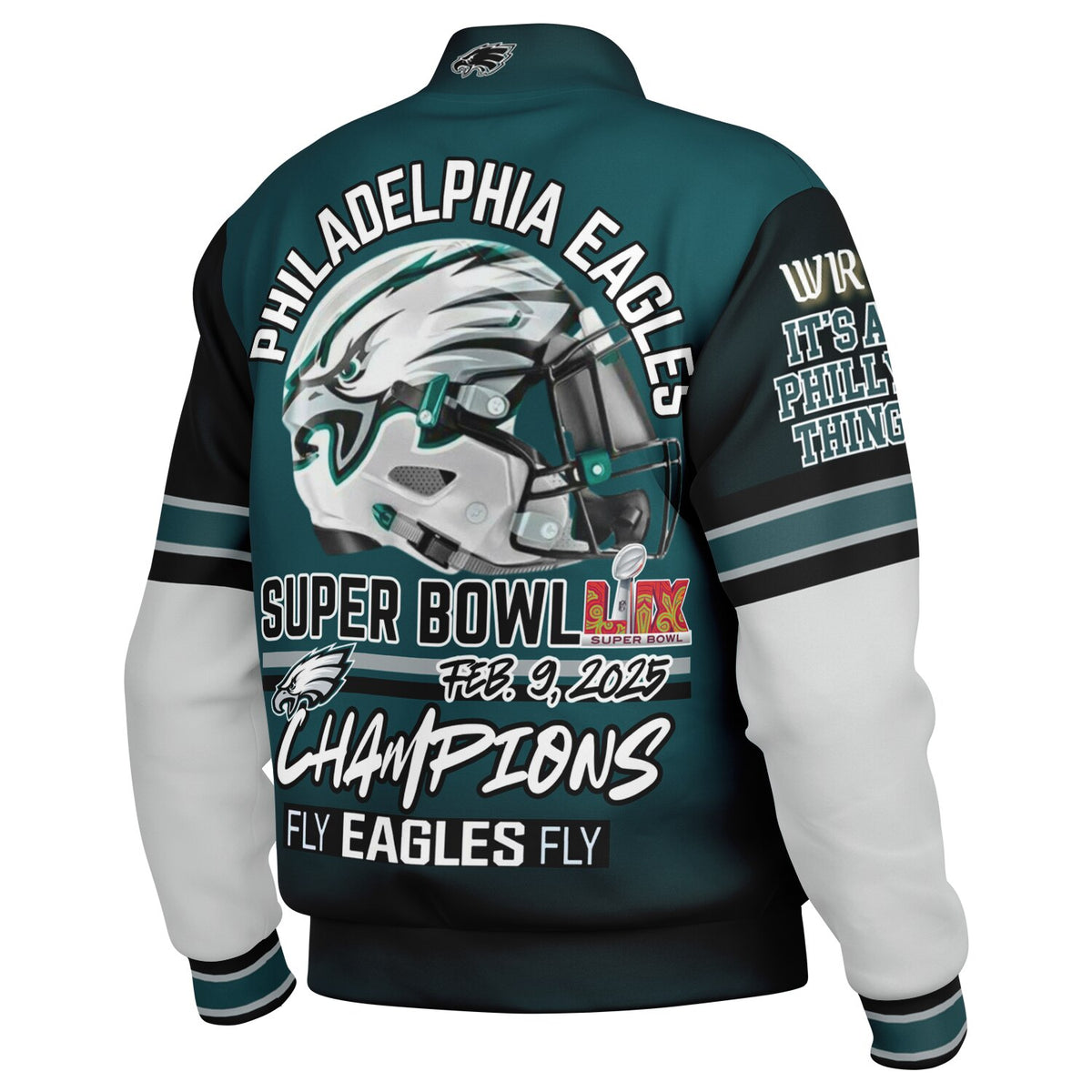 Eagles Super Bowl Edition Midnight Green White Eagle Helmet Varsity Jacket