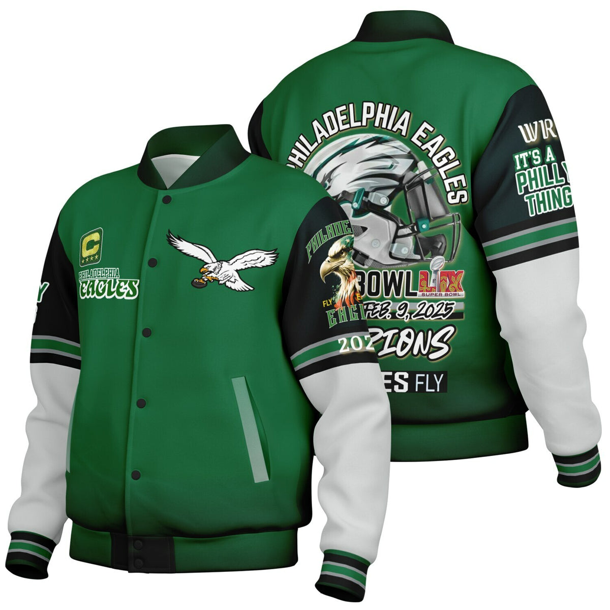 Eagles Super Bowl Edition Kelly Green White Eagle Helmet Varsity Jacket
