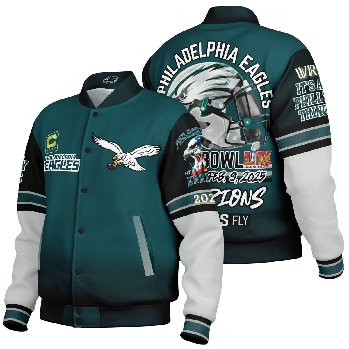 Eagles Super Bowl Edition Midnight Green White Eagle Helmet Varsity Jacket
