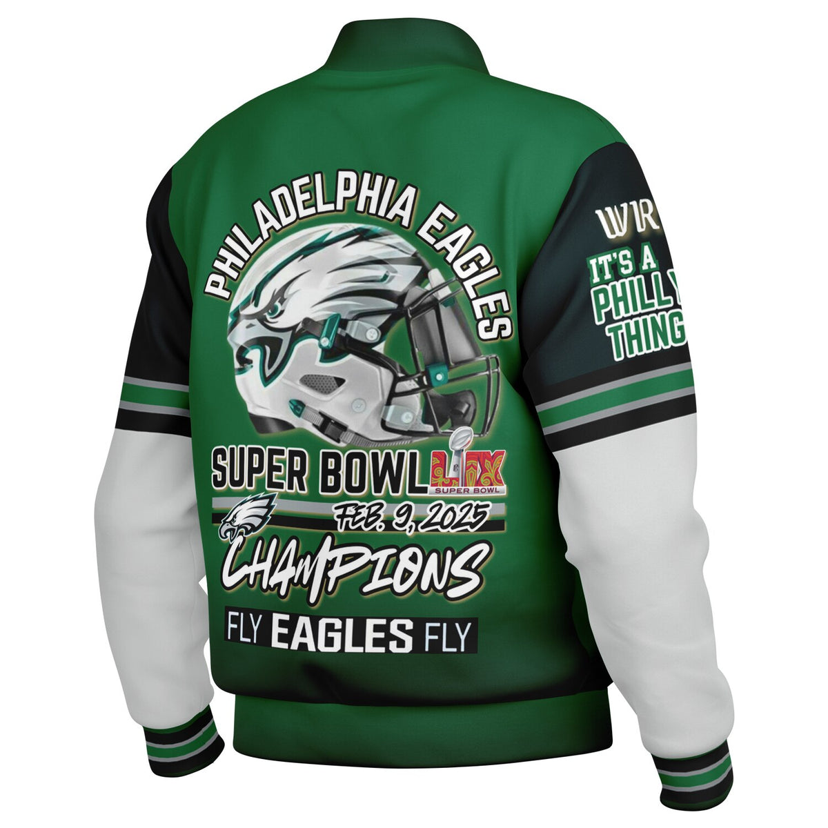 Eagles Super Bowl Edition Kelly Green White Eagle Helmet Varsity Jacket