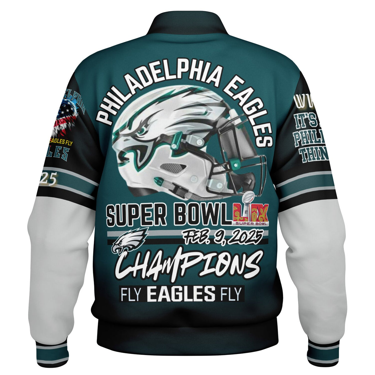 Eagles Super Bowl Edition Midnight Green White Eagle Helmet Varsity Jacket