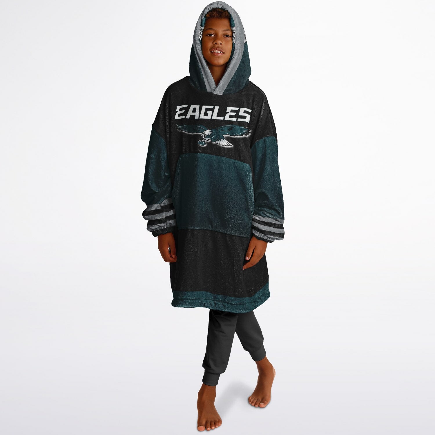 Youth  Eagles Reversible Cozy Cuddle Hoodie Eagles, 2 in 1, Green & Black Hooded Blanket for Young Fans copy