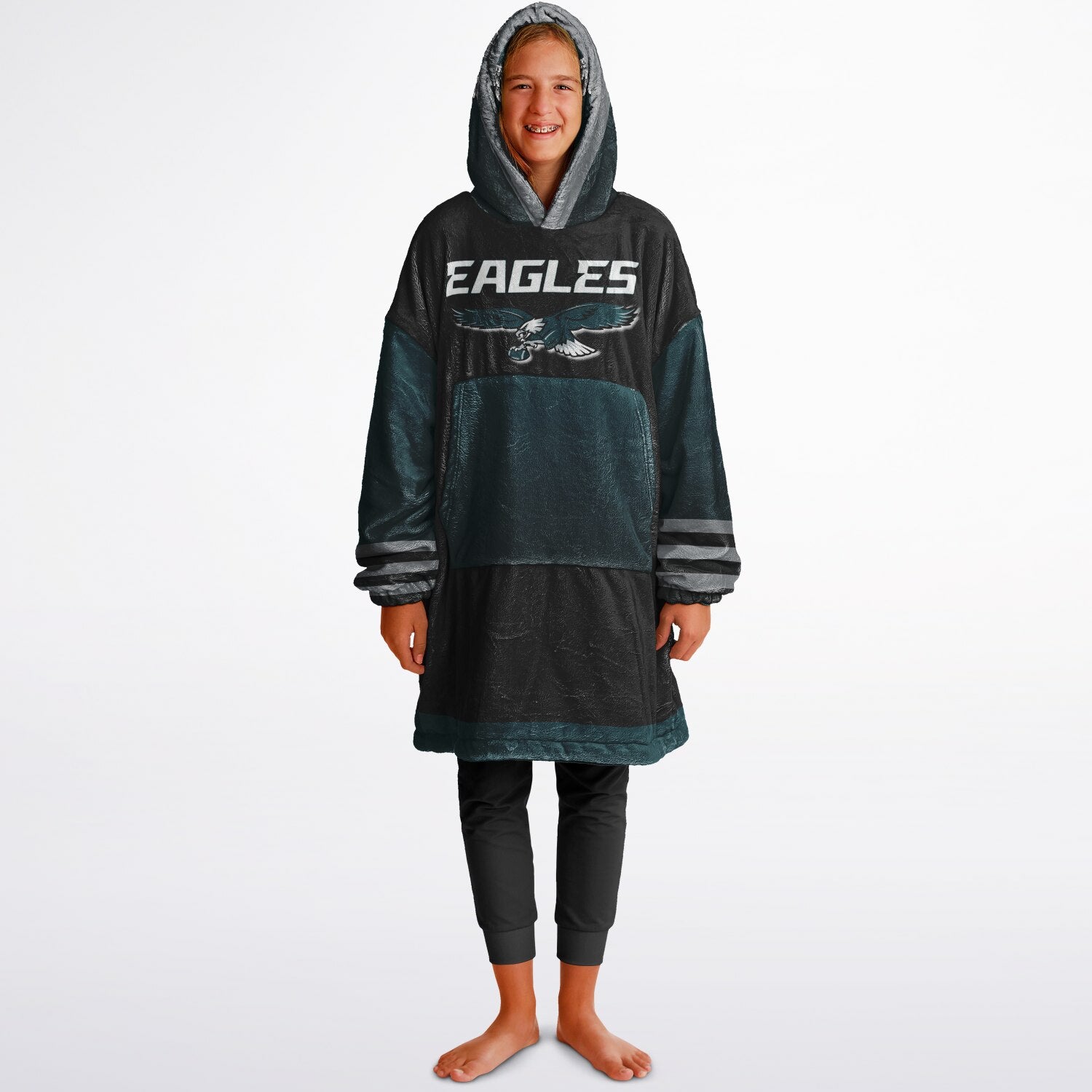 Youth  Eagles Reversible Cozy Cuddle Hoodie Eagles, 2 in 1, Green & Black Hooded Blanket for Young Fans copy