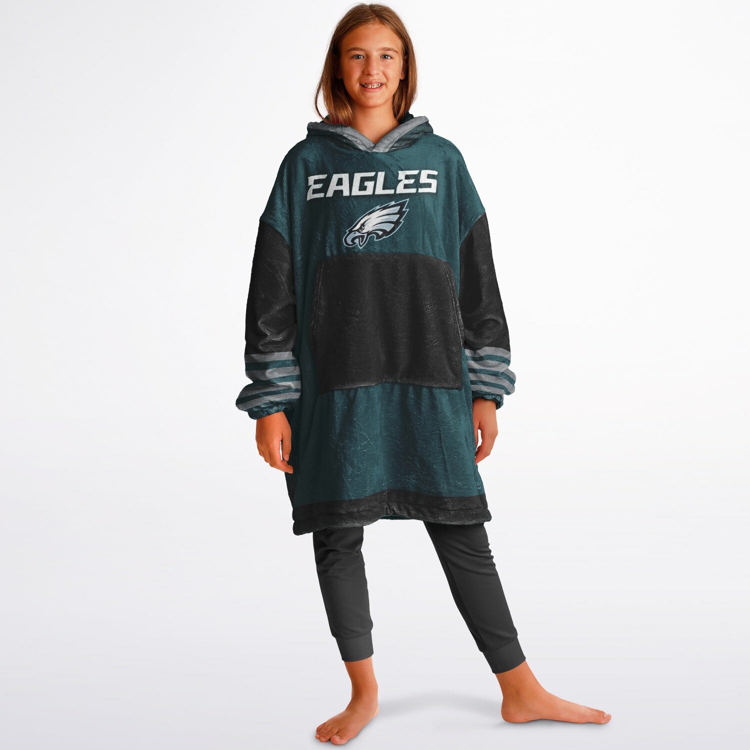 Youth  Eagles Reversible Cozy Cuddle Hoodie Eagles, 2 in 1, Green & Black Hooded Blanket for Young Fans copy