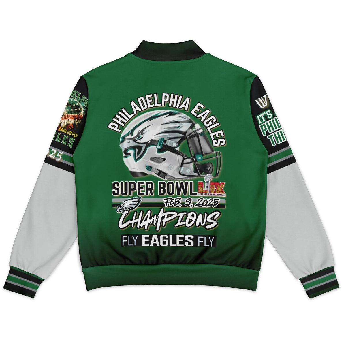 Eagles Super Bowl Edition Kelly Green White Eagle Helmet Varsity Jacket