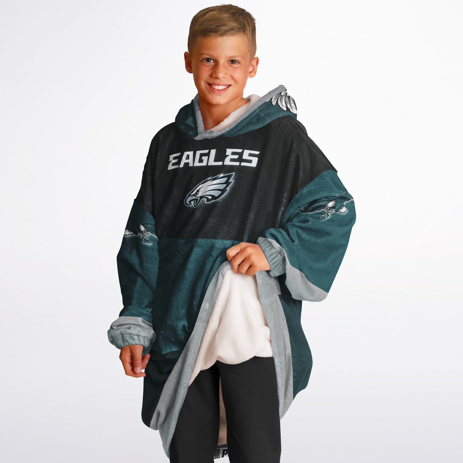 Youth Eagles  Black & Green Sleeves Design Cuddle Hoodie Great Gift for Young Fans copy