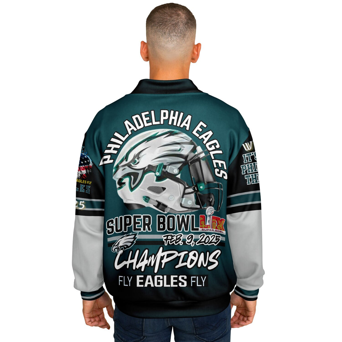 Eagles Super Bowl Edition Midnight Green White Eagle Helmet Varsity Jacket