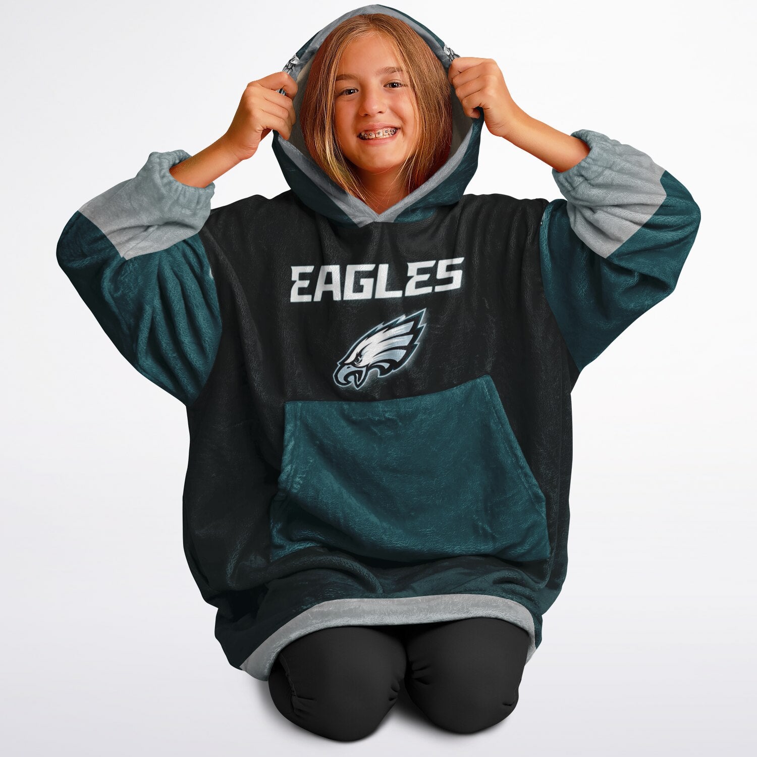 Youth Eagles  Black & Green Sleeves Design Cuddle Hoodie Great Gift for Young Fans copy