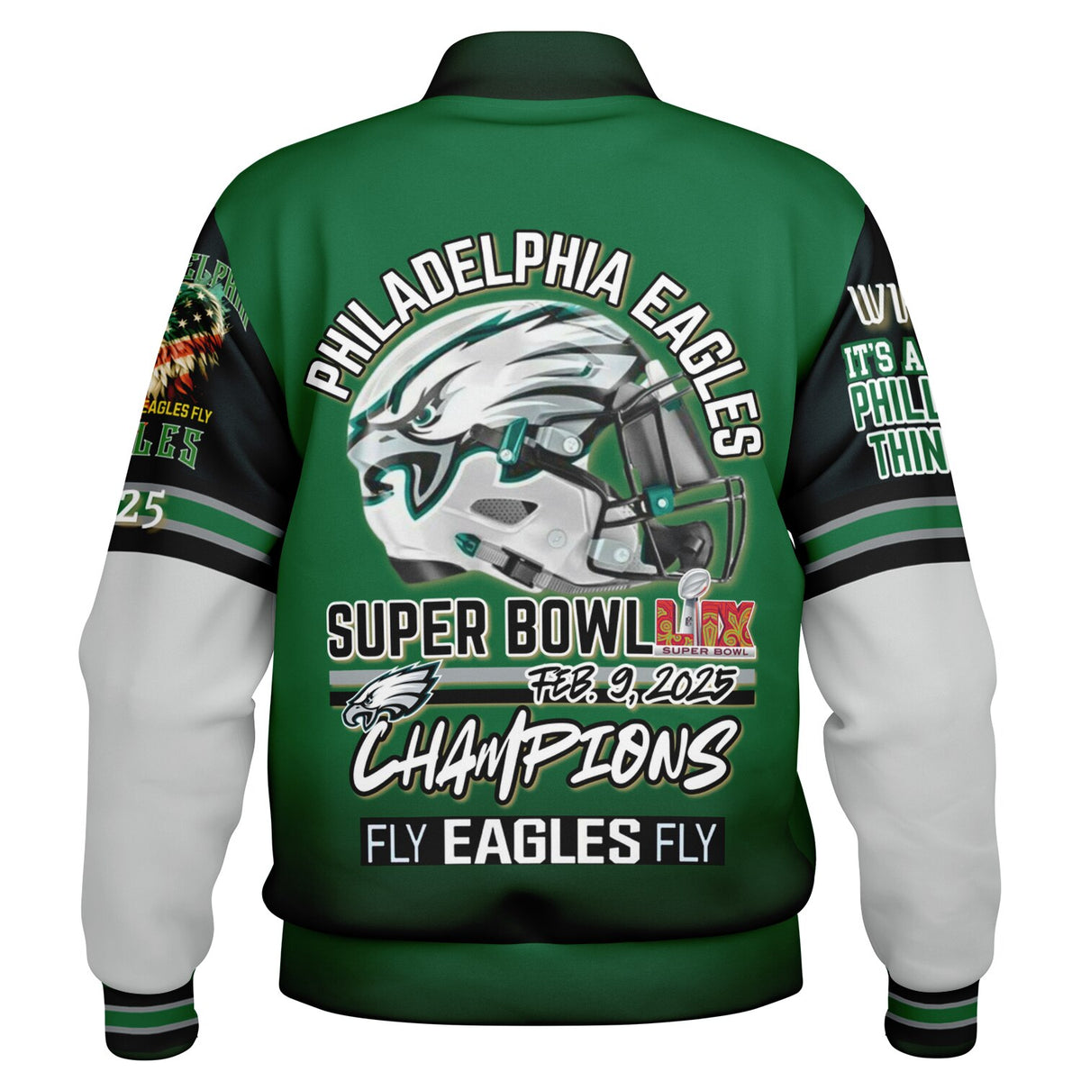 Eagles Super Bowl Edition Kelly Green White Eagle Helmet Varsity Jacket