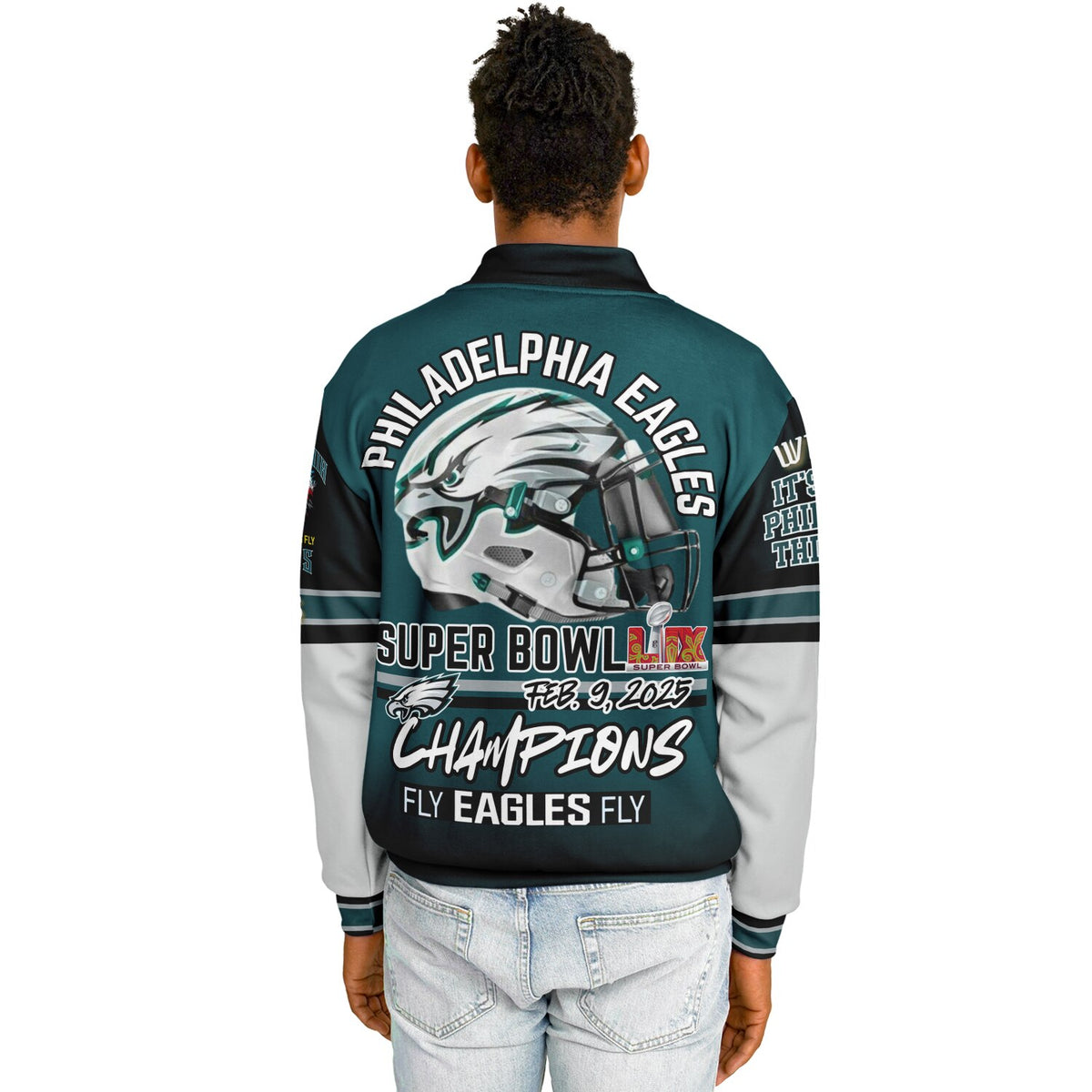 Eagles Super Bowl Edition Midnight Green White Eagle Helmet Varsity Jacket