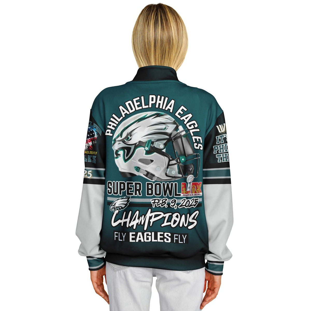 Eagles Super Bowl Edition Midnight Green White Eagle Helmet Varsity Jacket