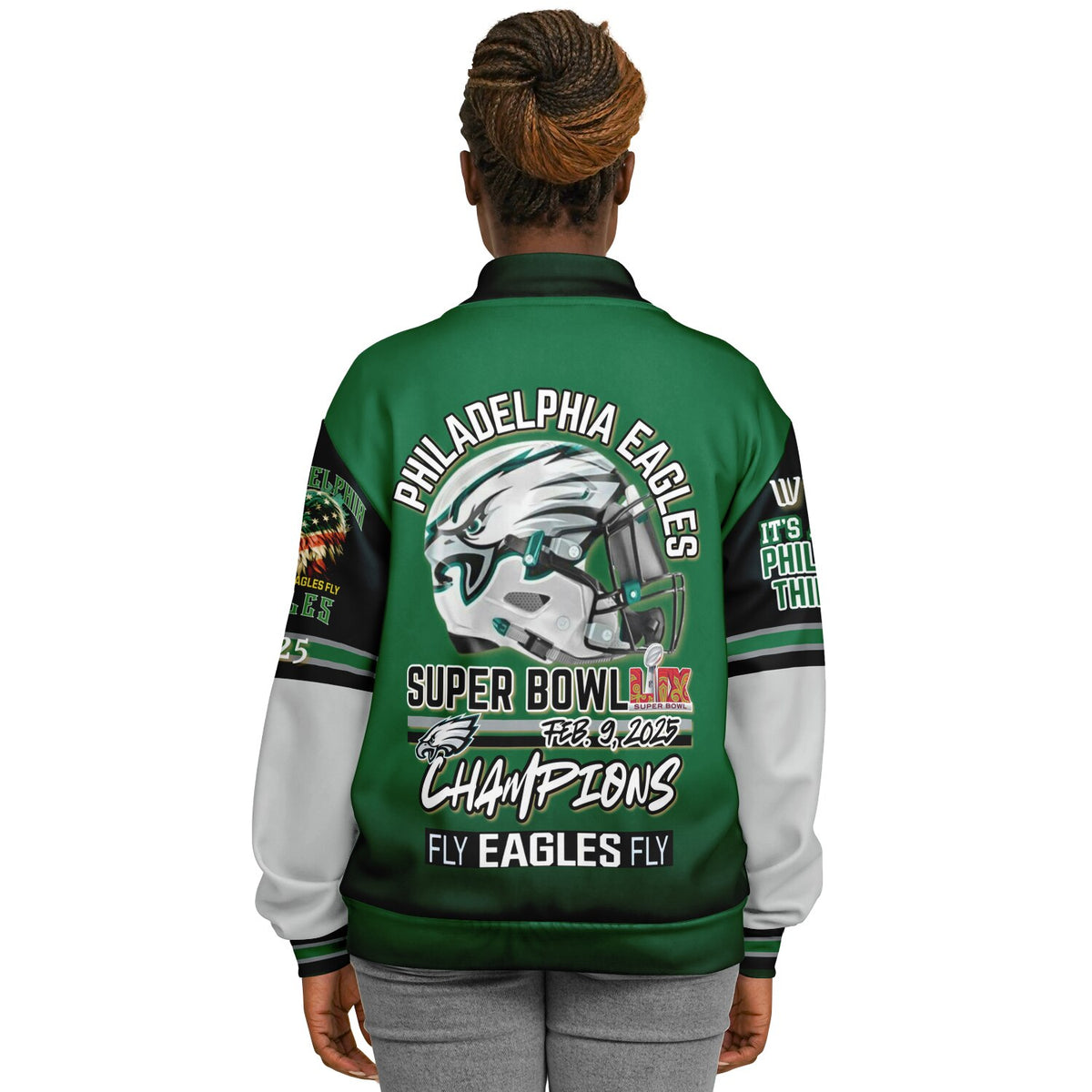 Eagles Super Bowl Edition Kelly Green White Eagle Helmet Varsity Jacket